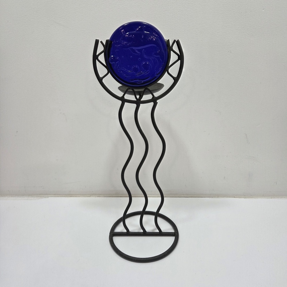 Vintage 90s Large Squiggle Candle Holder w/‎ Cobalt Blue Glass Dolphin